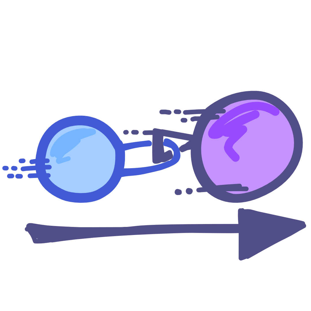 a purple circle with motion marks has a triangular ring attached to its back, a blue circle with motion marks is attached to the purple one by a loop through the triangular ring. A purple arrow below the circles points forward